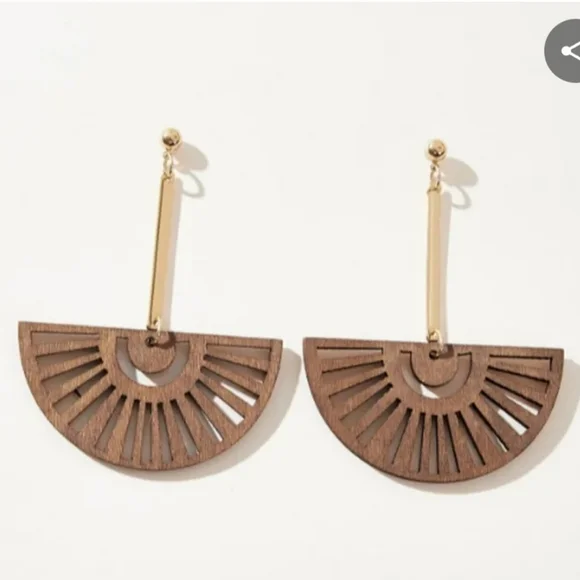 Boho Wooden Fan Earrings Metal Bar Drops From Post Earring - Picture 4 of 9